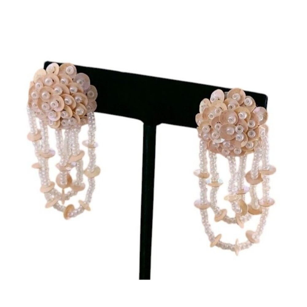 Vintage 80s Cream Sequin Seed Bead Fringe Statement Dangle Stud Earrings Retro